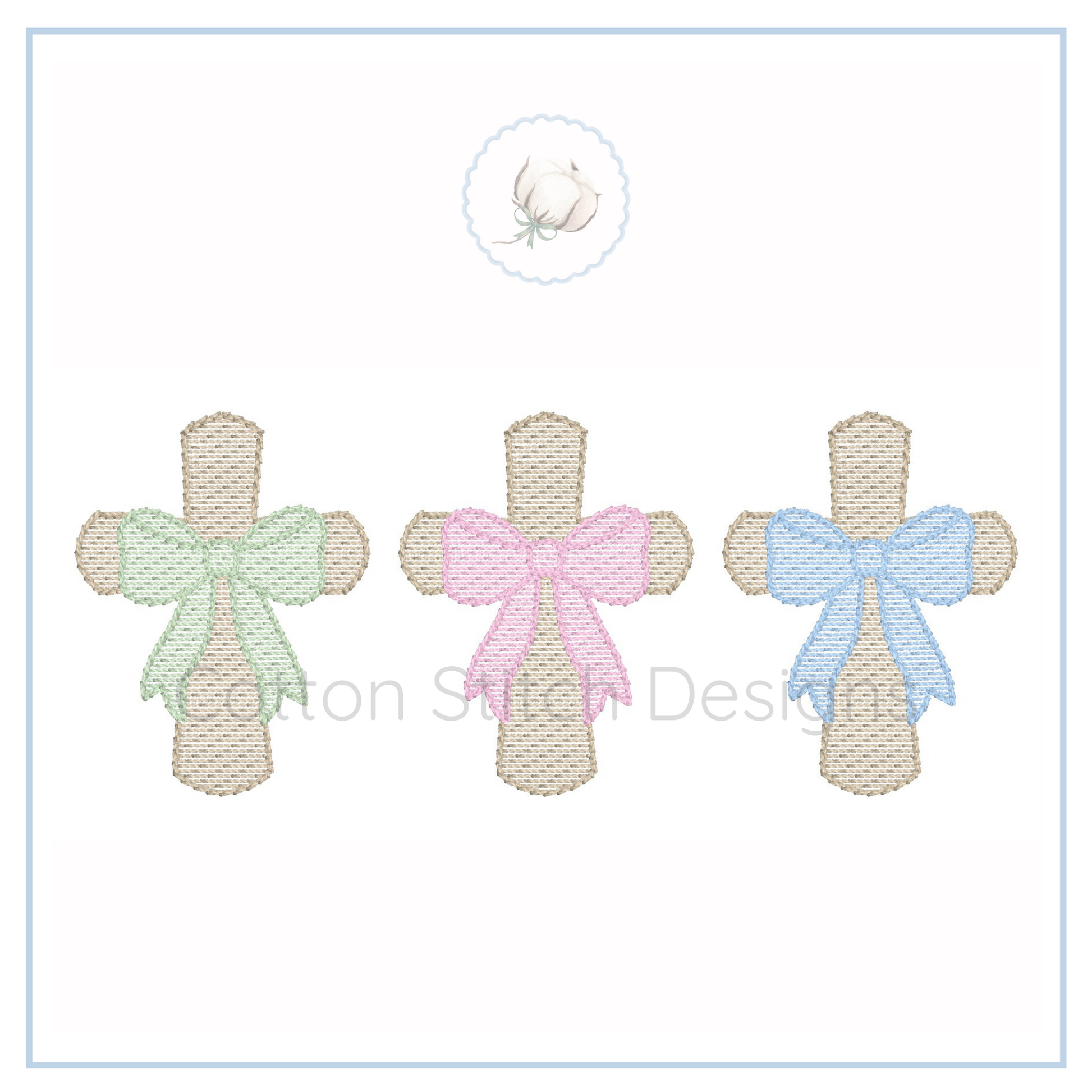 Machine Embroidery design Cotton Stitch Designs Three embroidered cross designs with colorful ribbons on a white background