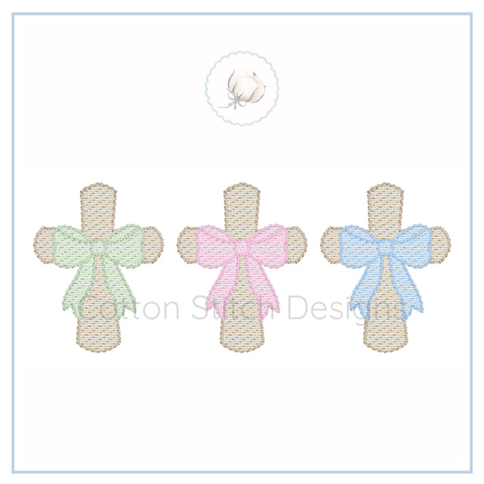 Machine Embroidery design Cotton Stitch Designs Three embroidered cross designs with colorful ribbons on a white background