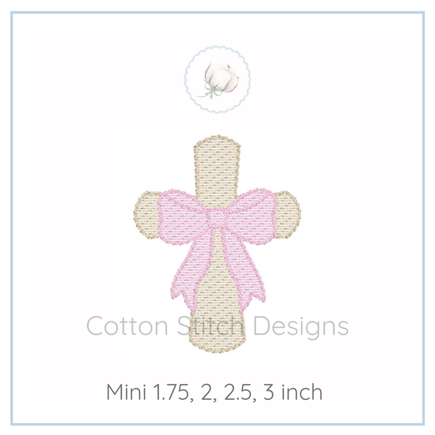 Machine Embroidery design Cotton Stitch Designs Embroidery design of a cross with a pink bow on a white background, labeled 'Cotton Stitch Designs'.