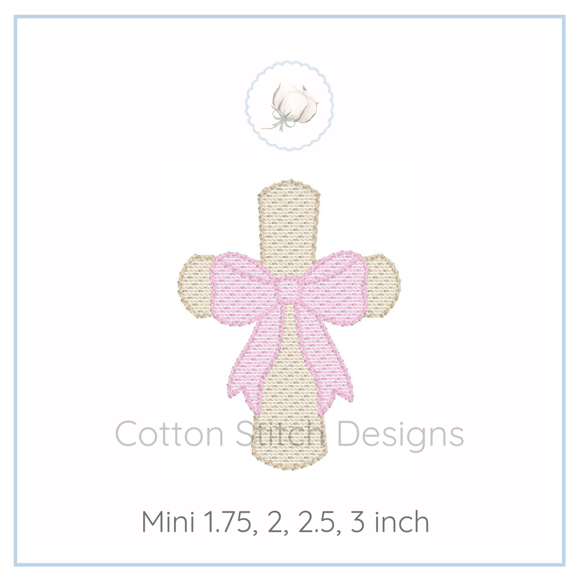Machine Embroidery design Cotton Stitch Designs Embroidery design of a cross with a pink bow on a white background, labeled 'Cotton Stitch Designs'.
