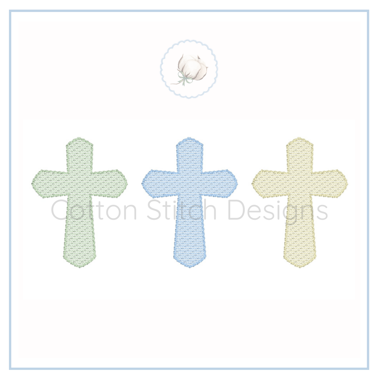 Machine Embroidery design Cotton Stitch Designs Three embroidered crosses in green, blue, and beige on a white background with 'Cotton Stitch Designs' branding.