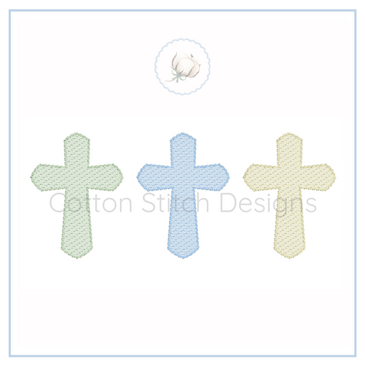 Machine Embroidery design Cotton Stitch Designs Three embroidered crosses in green, blue, and beige on a white background with 'Cotton Stitch Designs' branding.