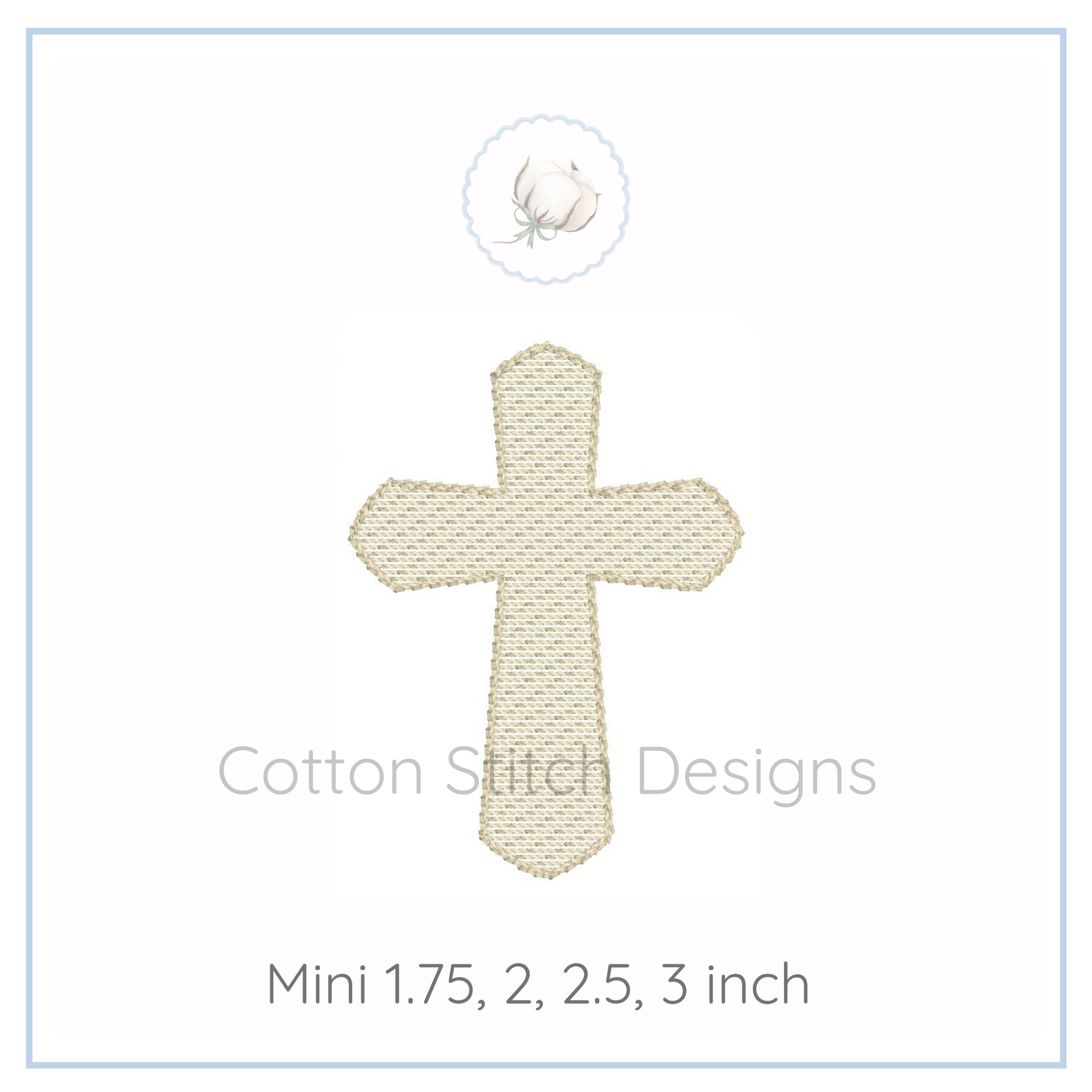 Machine Embroidery design Cotton Stitch Designs Cross-shaped item with 'Cotton Stitch Designs' branding on a white background