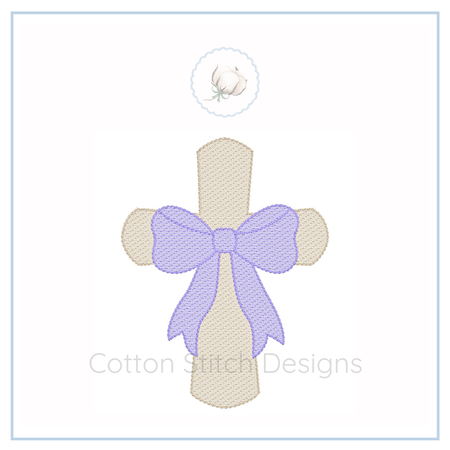 Machine Embroidery design Cotton Stitch Designs Embroidered cross with a purple bow on a white background, featuring the brand 'Cotton Stitch Designs'.