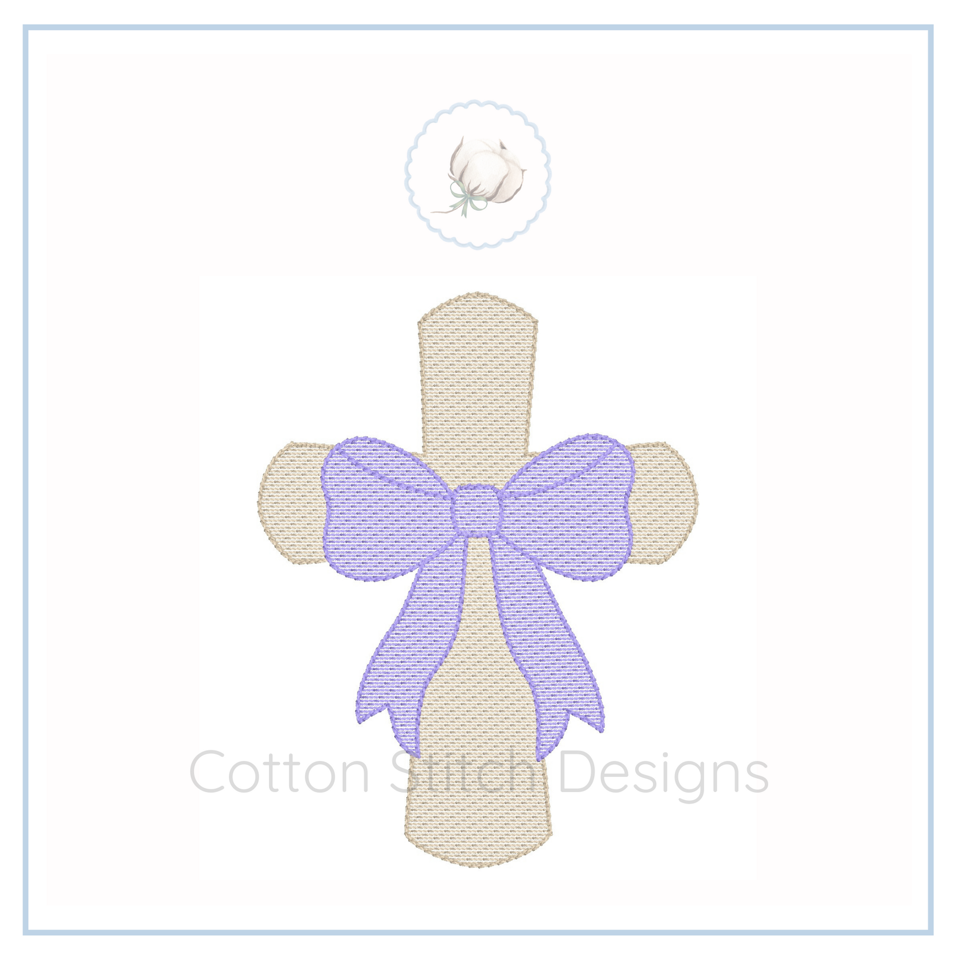 Machine Embroidery design Cotton Stitch Designs Embroidered cross with a purple bow on a white background, featuring the brand 'Cotton Stitch Designs'.
