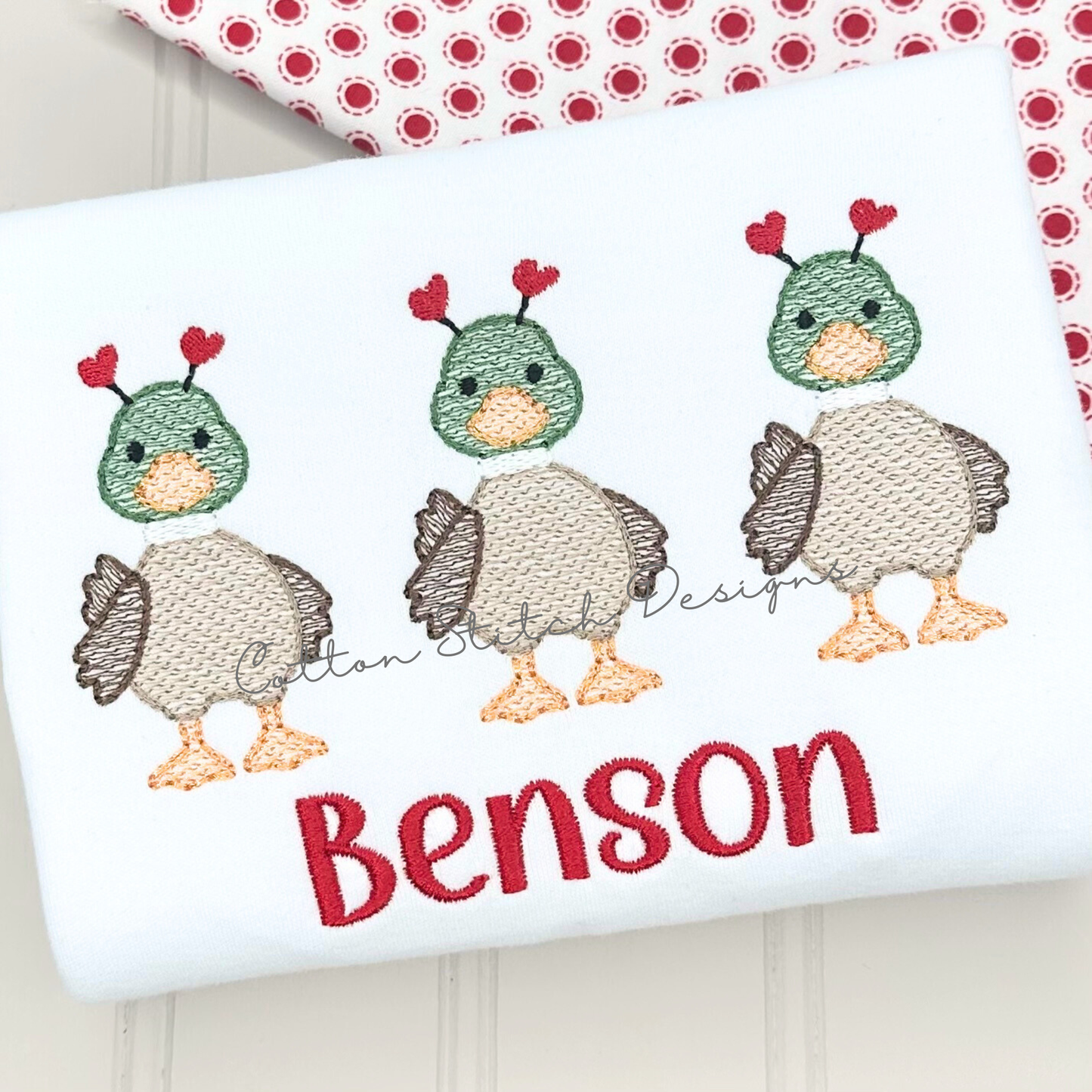 Cute Valentine Mallard Duck Heart Trio Sketch Embroidery Design