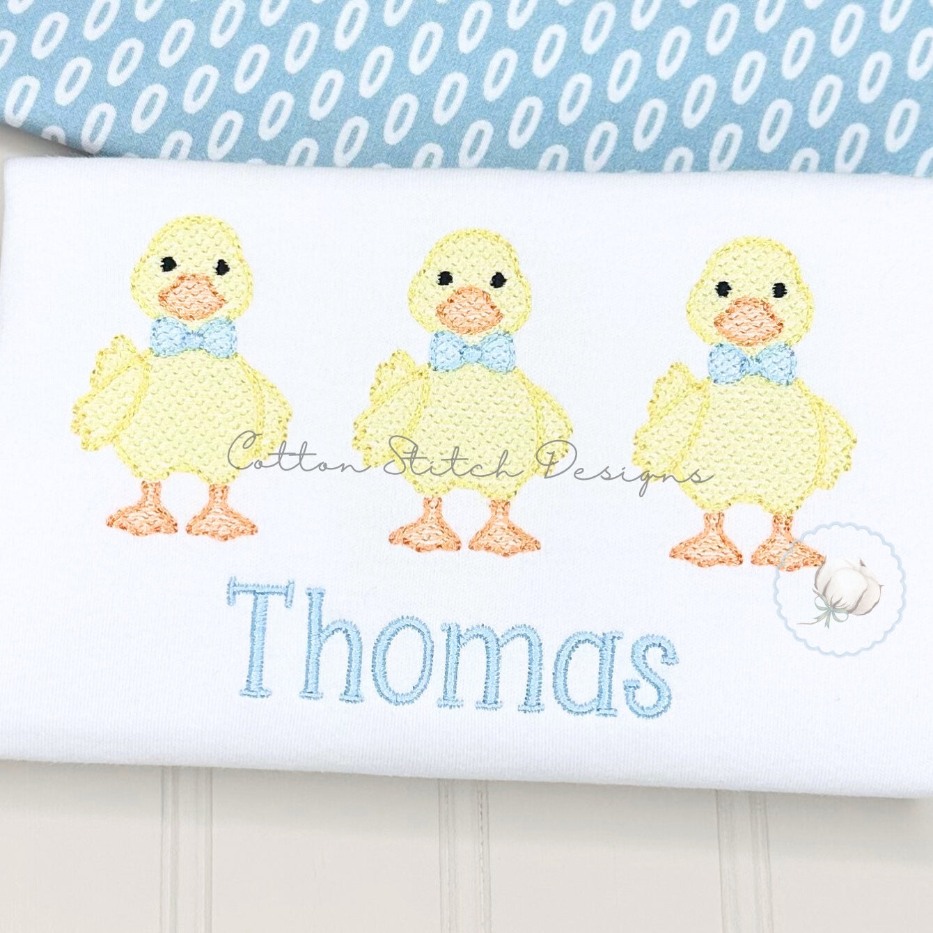 Cute Yellow Duck Bow Tie Trio Sketch Embroidery Design