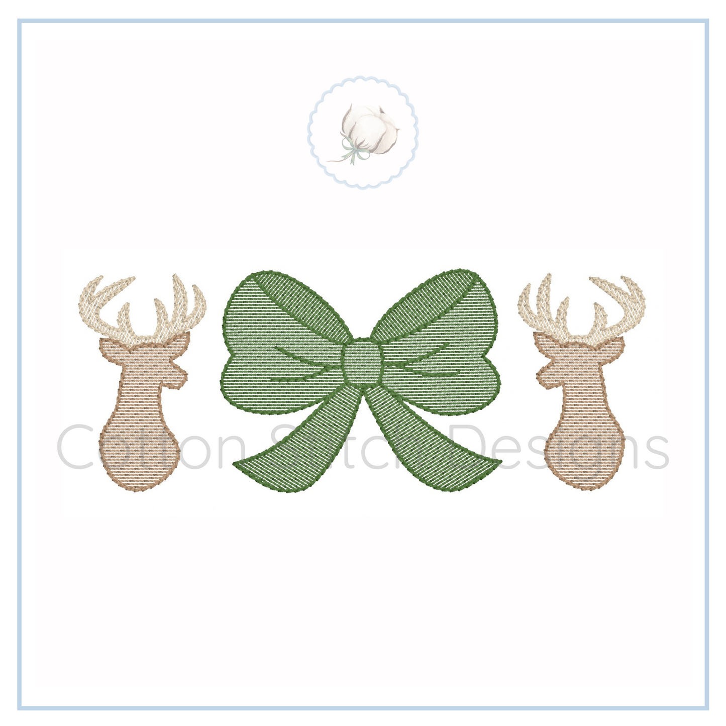 Machine Embroidery design Cotton Stitch Designs Embroidered design of a green bow with two beige deer heads on a white background.
