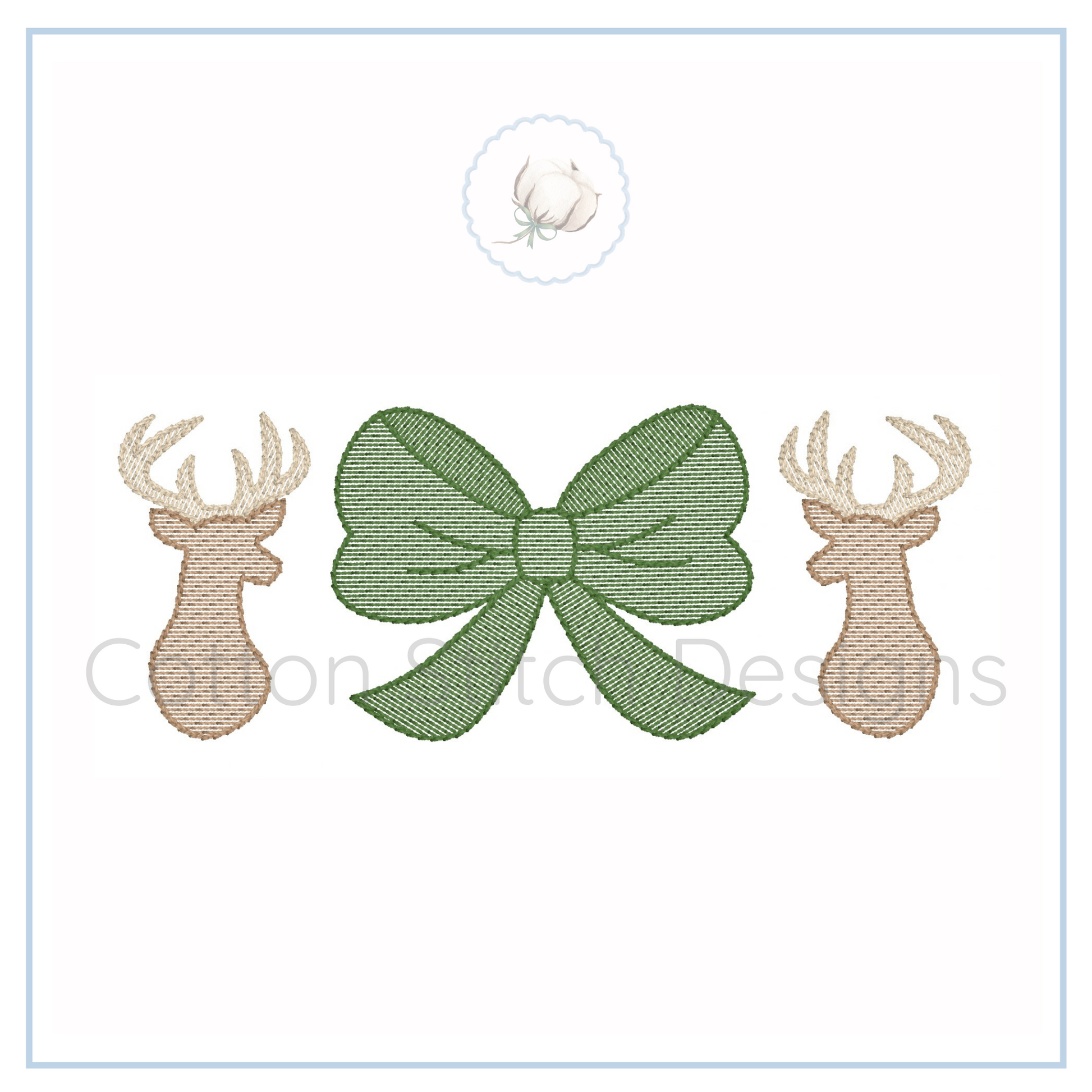 Machine Embroidery design Cotton Stitch Designs Embroidered design of a green bow with two beige deer heads on a white background.