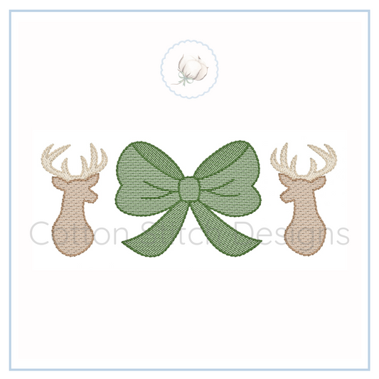 Machine Embroidery design Cotton Stitch Designs Embroidered design of a green bow with two beige deer heads on a white background.