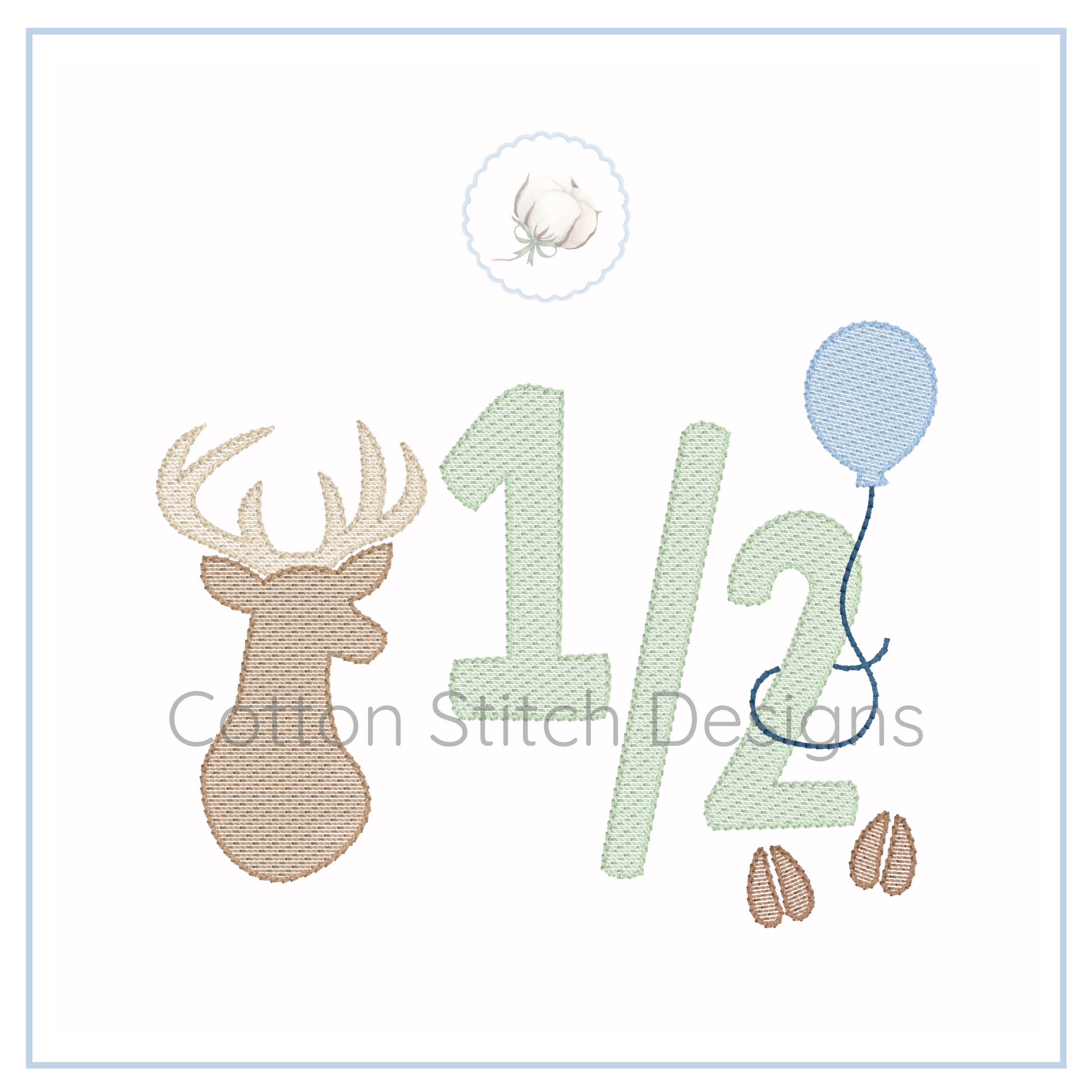 Machine Embroidery design Cotton Stitch Designs Embroidery design with a deer head, numbers, and leaves on a white background.