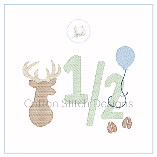 Machine Embroidery design Cotton Stitch Designs Embroidery design with a deer head, numbers, and leaves on a white background.