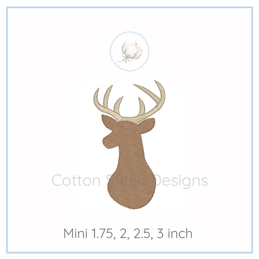 Machine Embroidery design Cotton Stitch Designs Deer head silhouette with size specifications on a white background