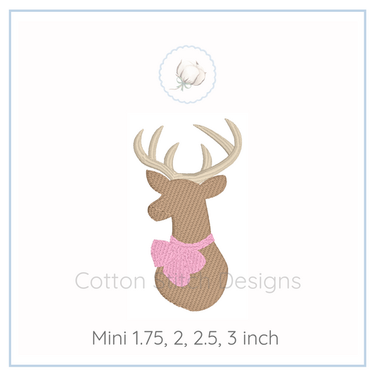 Machine Embroidery design Cotton Stitch Designs Deer head design with pink bow on a white background, brand 'Cotton and Designs' visible.