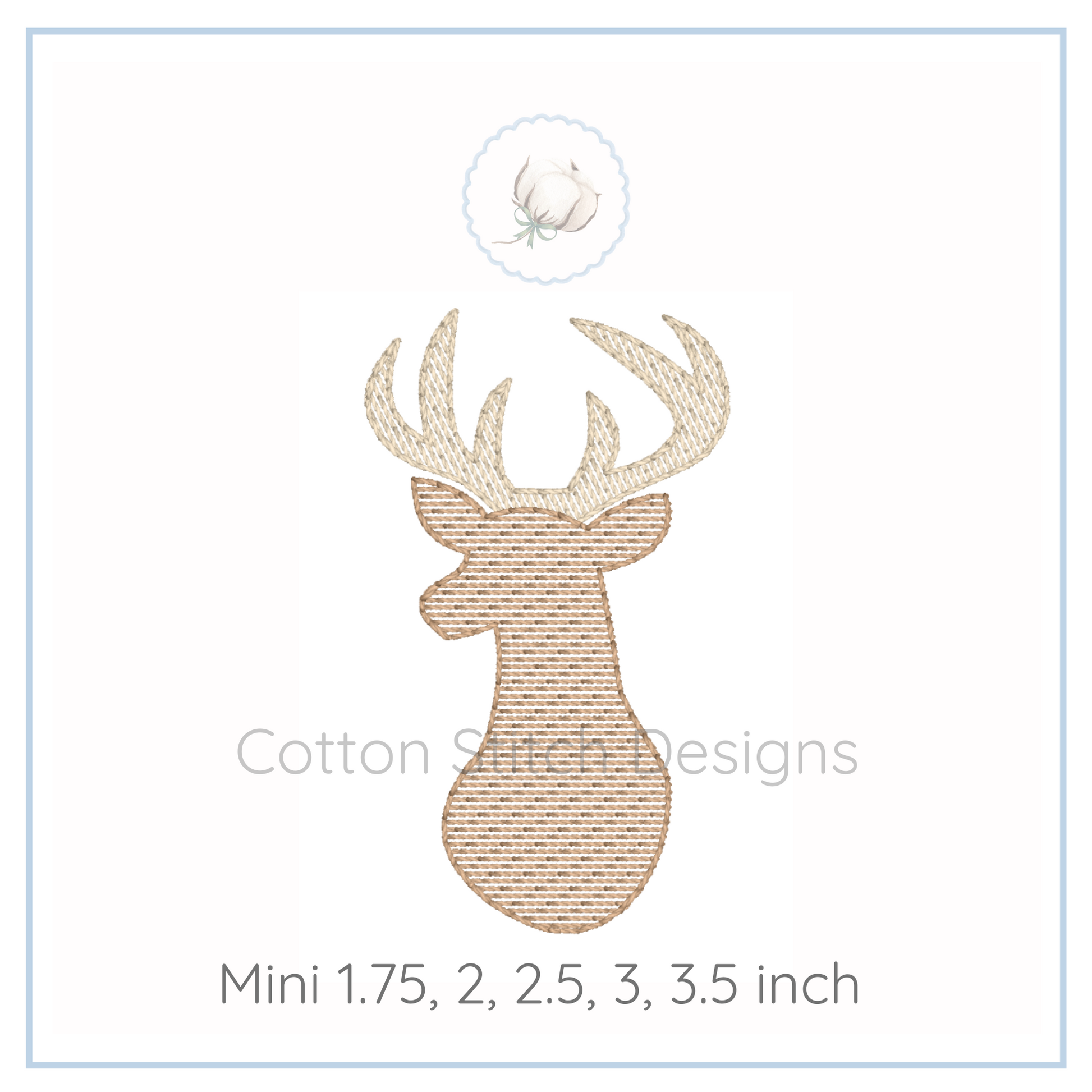 Machine Embroidery design Cotton Stitch Designs Deer head design with size options on a white background