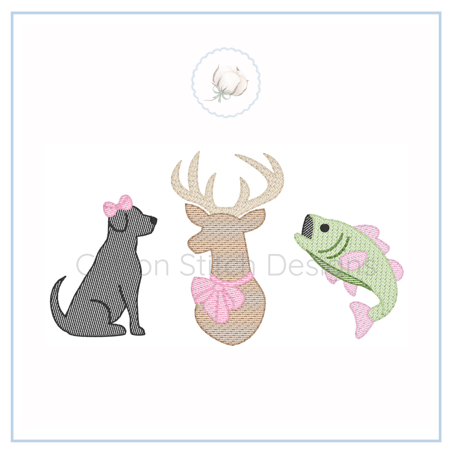 Machine Embroidery design Cotton Stitch Designs Embroidered design of a dog, deer, and fish with pink bows on a white background.