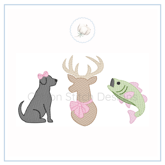 Machine Embroidery design Cotton Stitch Designs Embroidered design of a dog, deer, and fish with pink bows on a white background.