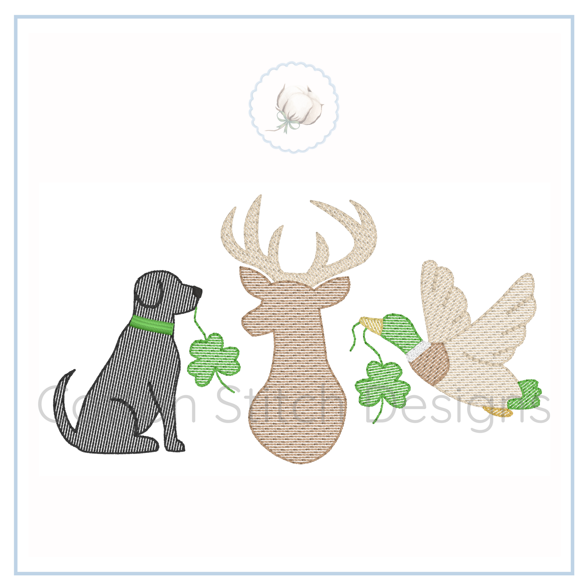 Machine Embroidery design Cotton Stitch Designs Embroidered design of a dog, deer, and angel with clovers on a white background.