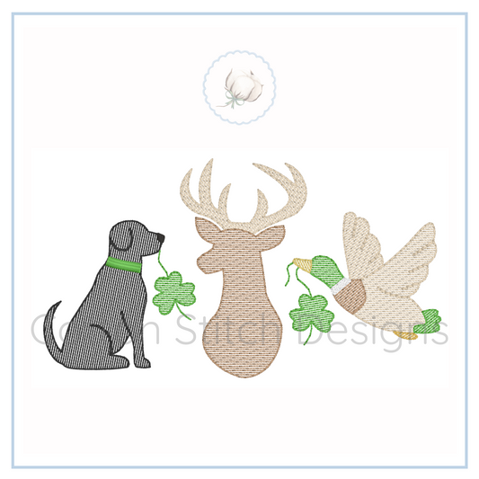 Machine Embroidery design Cotton Stitch Designs Embroidered design of a dog, deer, and angel with clovers on a white background.