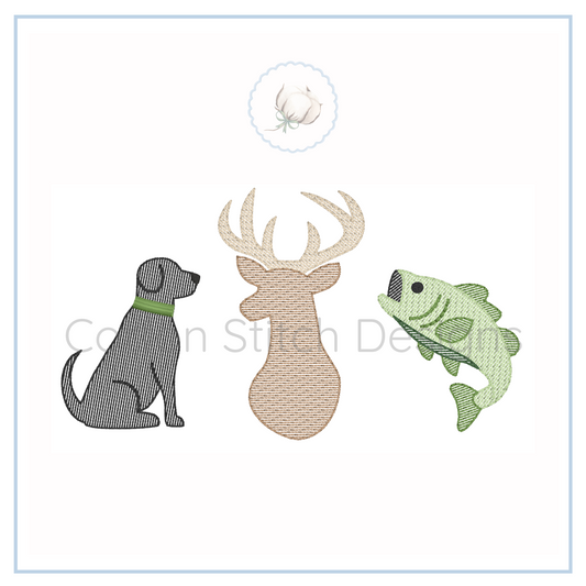 Machine Embroidery design Cotton Stitch Designs Embroidered design of a dog, deer, and fish on a white background