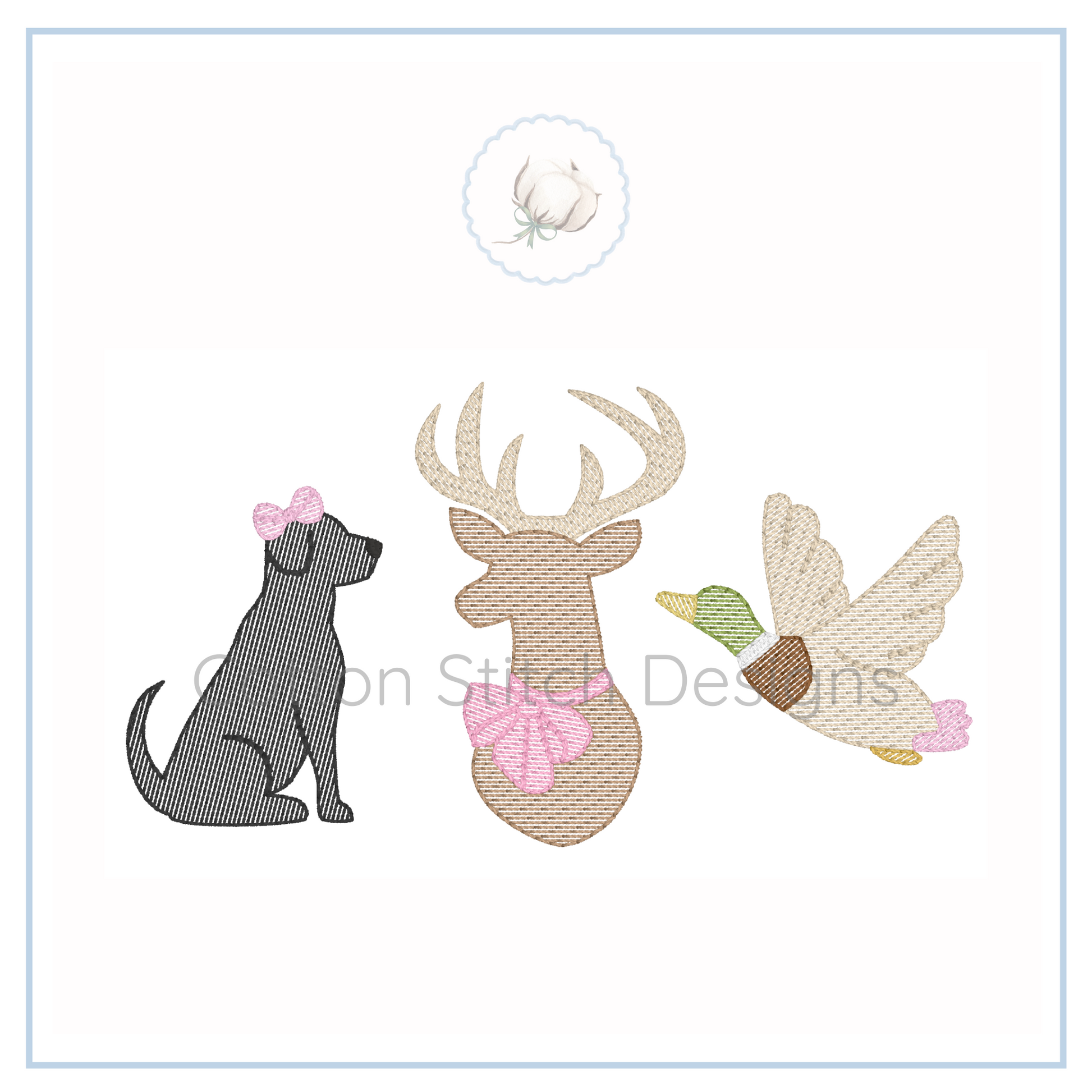 Machine Embroidery design Cotton Stitch Designs Embroidered patches of a dog, deer, and fairy on a white background.
