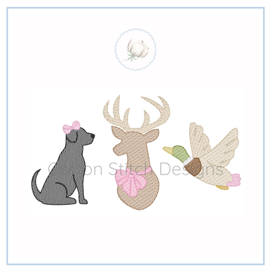 Machine Embroidery design Cotton Stitch Designs Embroidered patches of a dog, deer, and fairy on a white background.