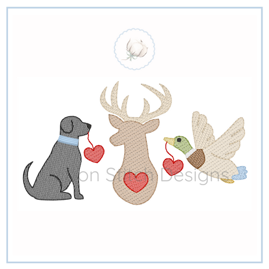 Machine Embroidery design Cotton Stitch Designs Embroidered design of a dog, deer, and duck with hearts.