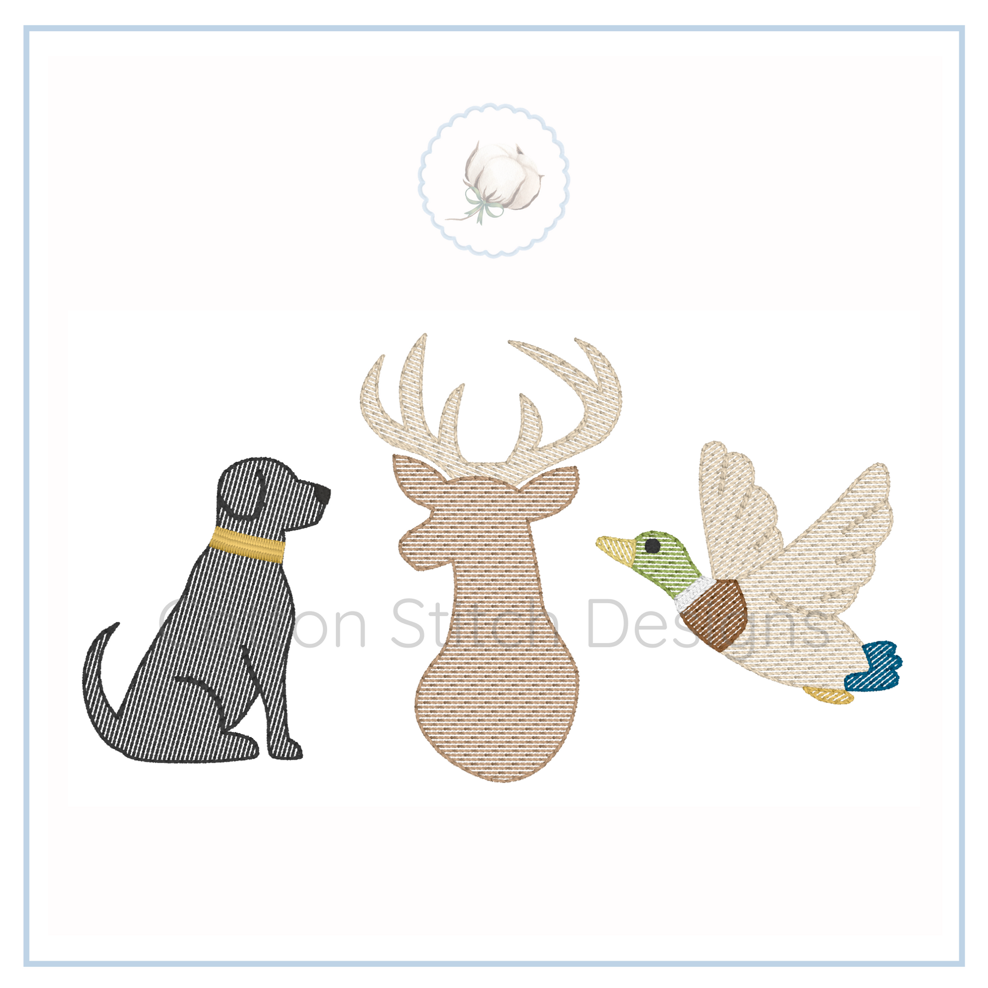 Machine Embroidery design Cotton Stitch Designs Embroidered design of a dog, deer, and duck on a white background