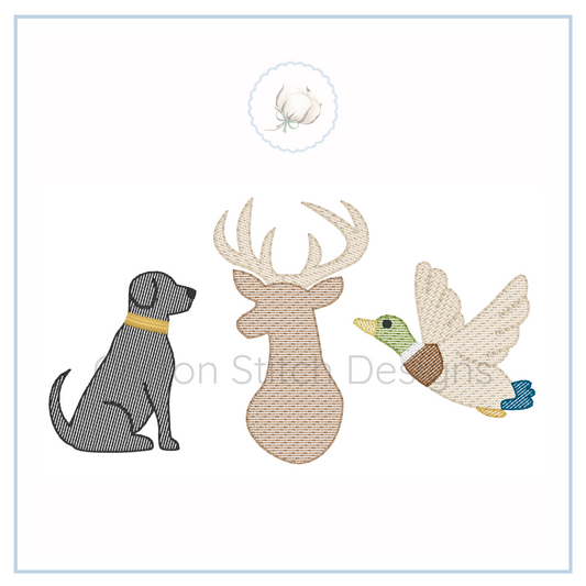 Machine Embroidery design Cotton Stitch Designs Embroidered design of a dog, deer, and duck on a white background