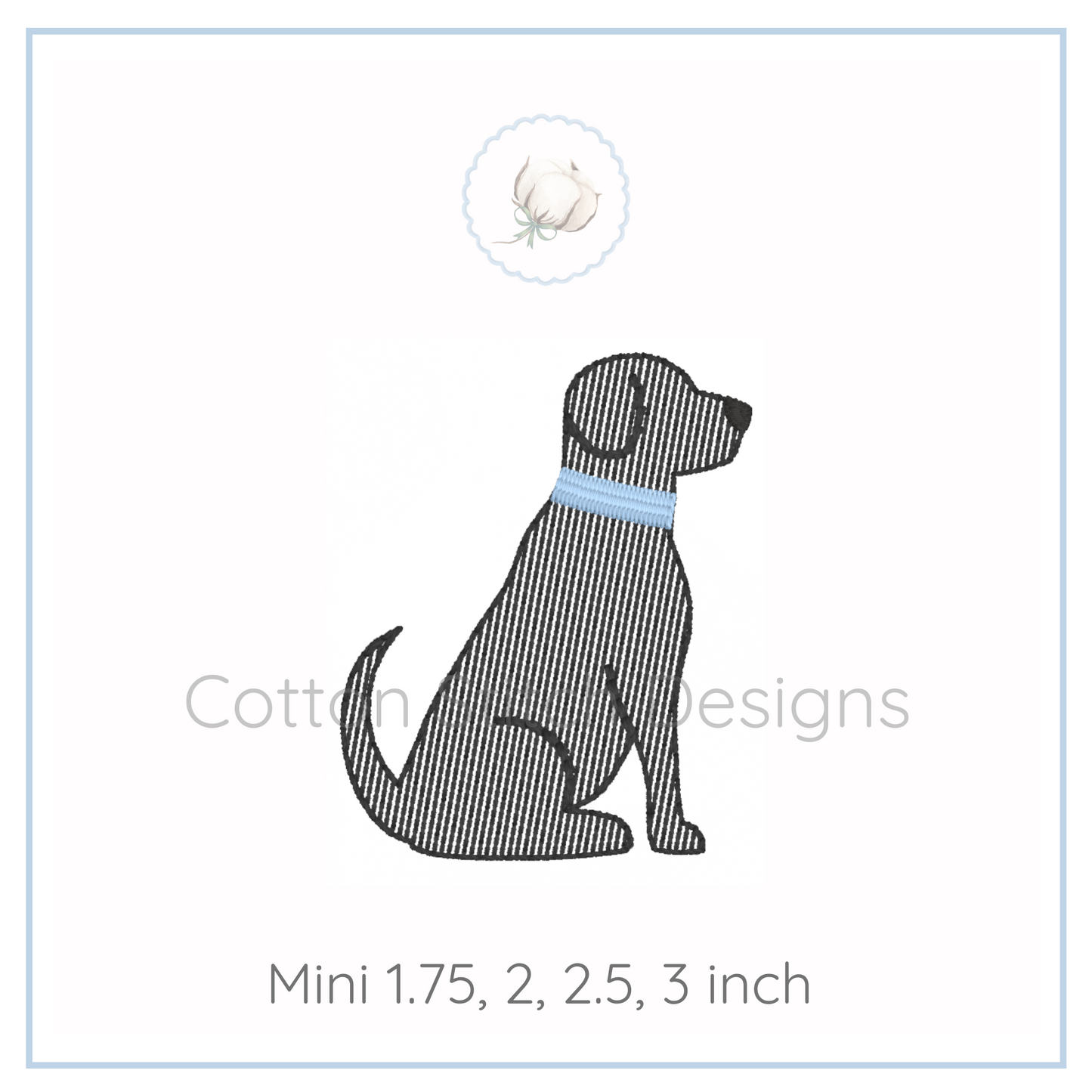 Machine Embroidery design Cotton Stitch Designs Dog illustration with a blue bandana on a white background.