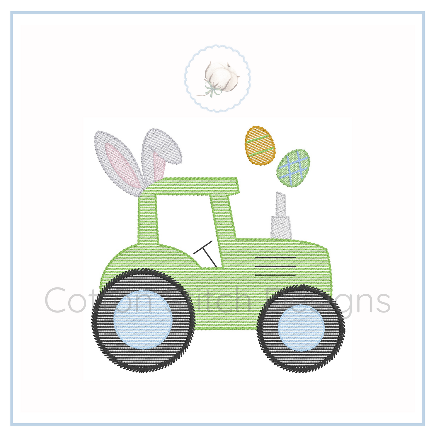 Machine Embroidery design Cotton Stitch Designs Embroidered design of a green tractor with bunny ears and Easter eggs on a white background.
