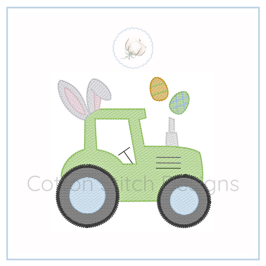 Machine Embroidery design Cotton Stitch Designs Embroidered design of a green tractor with bunny ears and Easter eggs on a white background.