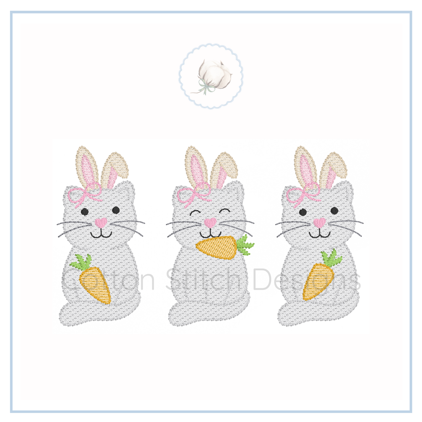Machine Embroidery design Cotton Stitch Designs Three embroidered bunny designs with carrots on a white background