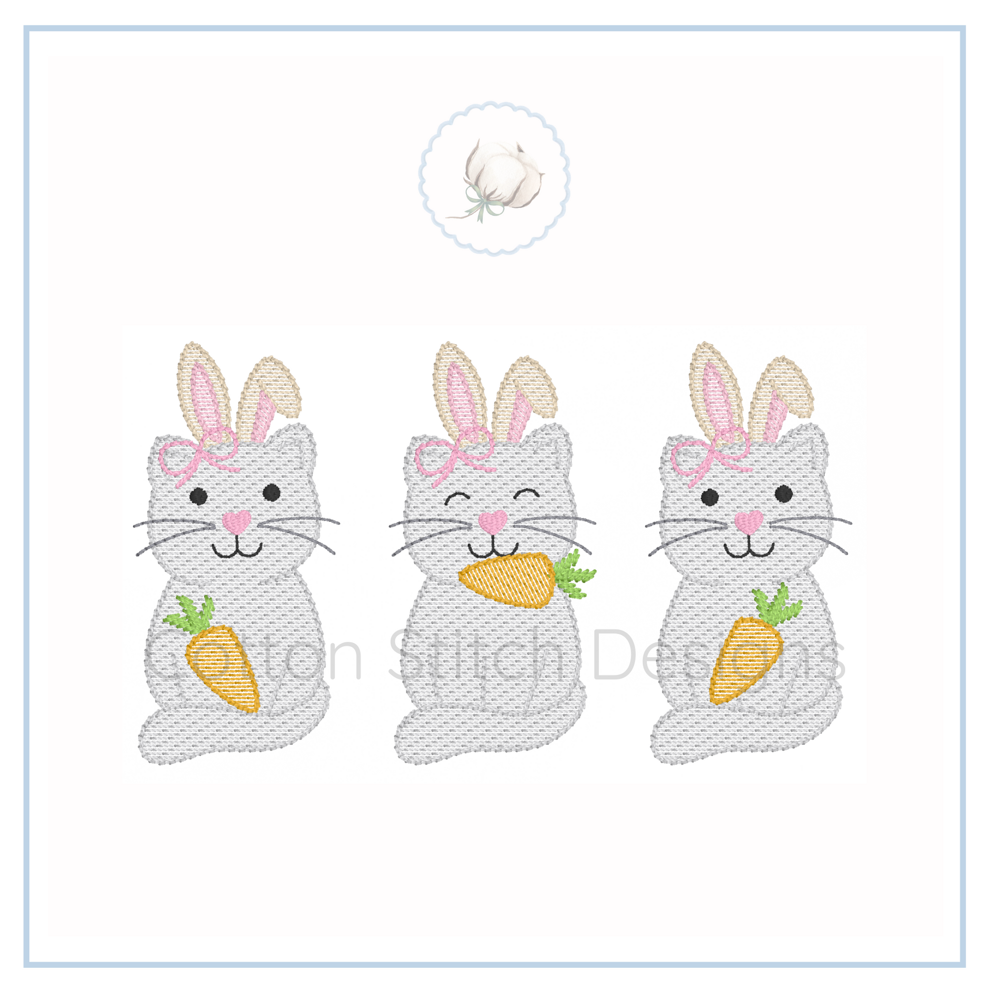 Machine Embroidery design Cotton Stitch Designs Three embroidered bunny designs with carrots on a white background