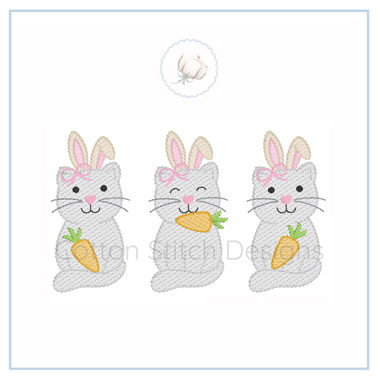 Machine Embroidery design Cotton Stitch Designs Three embroidered bunny designs with carrots on a white background