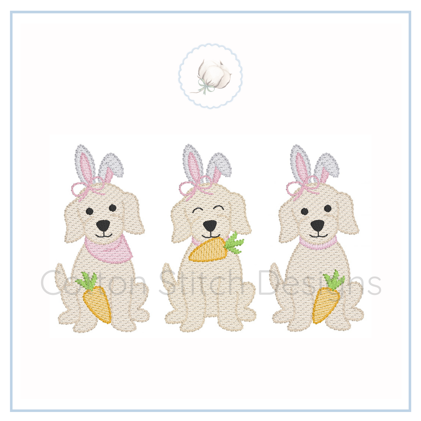 Machine Embroidery design Cotton Stitch Designs Three cartoon dogs with bunny ears and carrots on a white background
