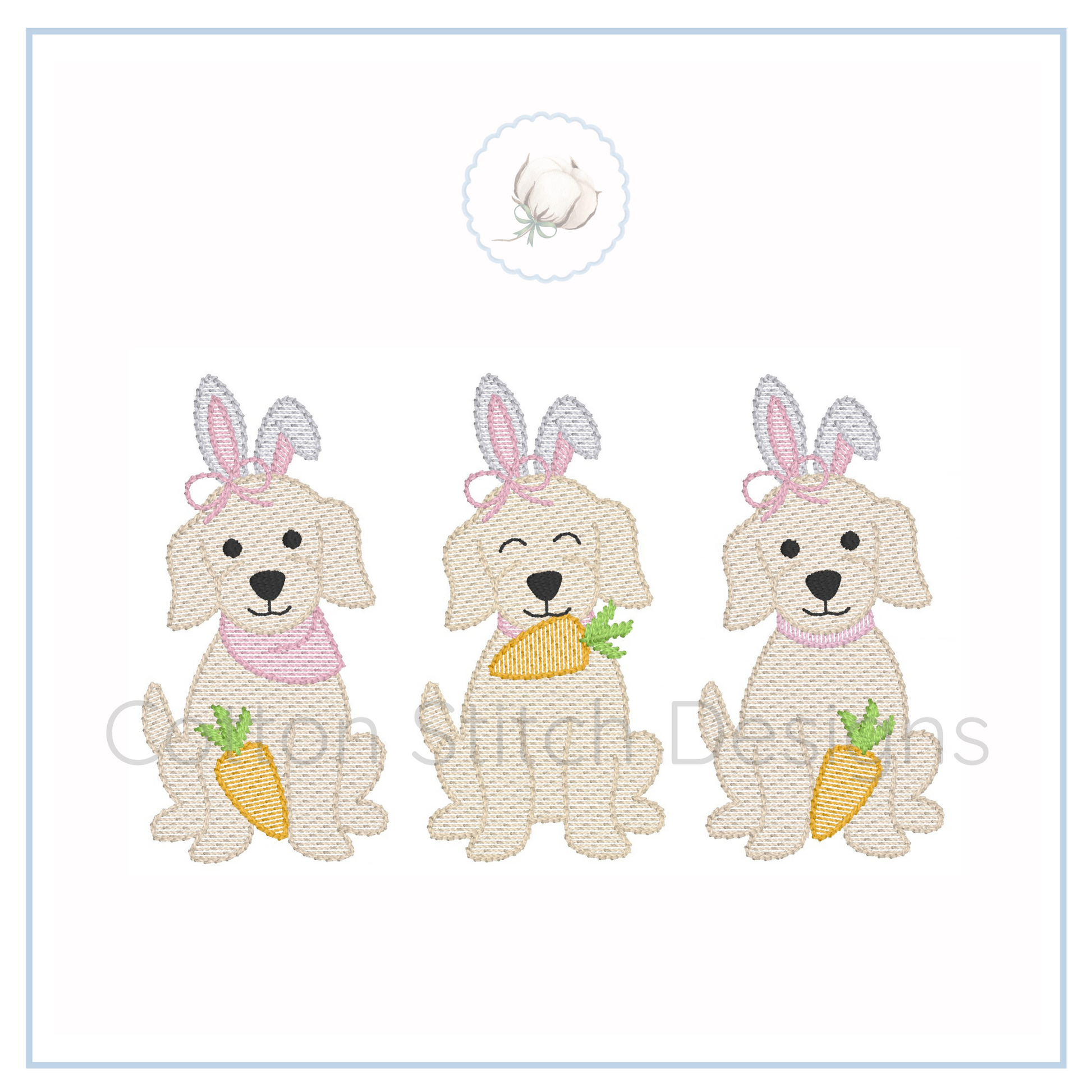 Machine Embroidery design Cotton Stitch Designs Three cartoon dogs with bunny ears and carrots on a white background