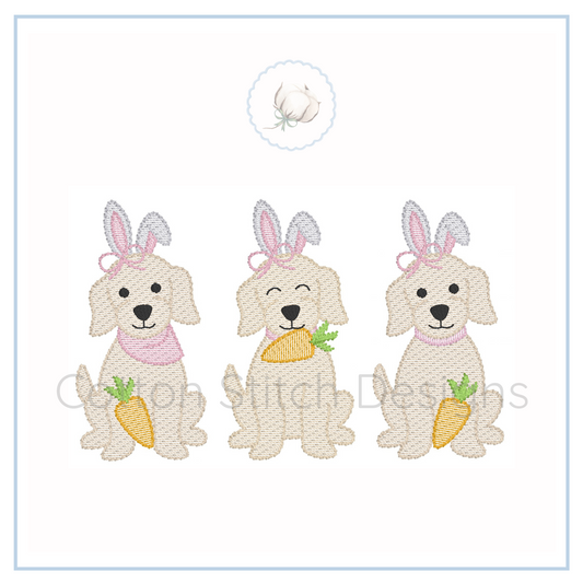 Machine Embroidery design Cotton Stitch Designs Three cartoon dogs with bunny ears and carrots on a white background