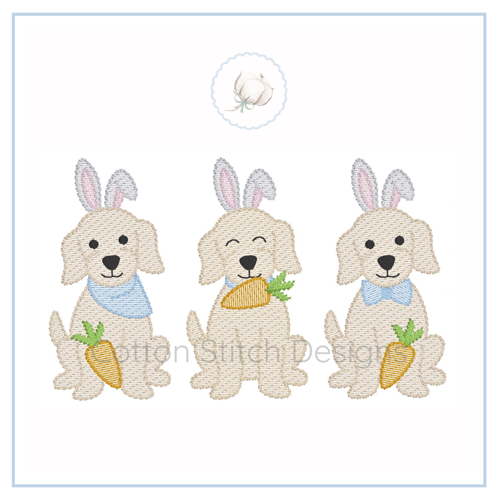 Machine Embroidery design Cotton Stitch Designs Three dogs with bunny ears and carrots on a white background