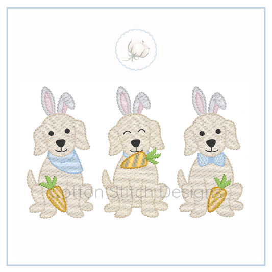 Machine Embroidery design Cotton Stitch Designs Three dogs with bunny ears and carrots on a white background
