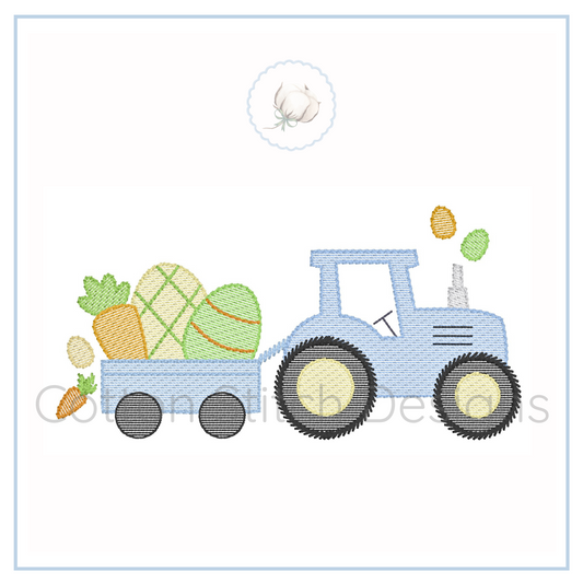 Machine Embroidery design Cotton Stitch Designs Embroidery design of a blue tractor with Easter eggs and carrots in the bed.