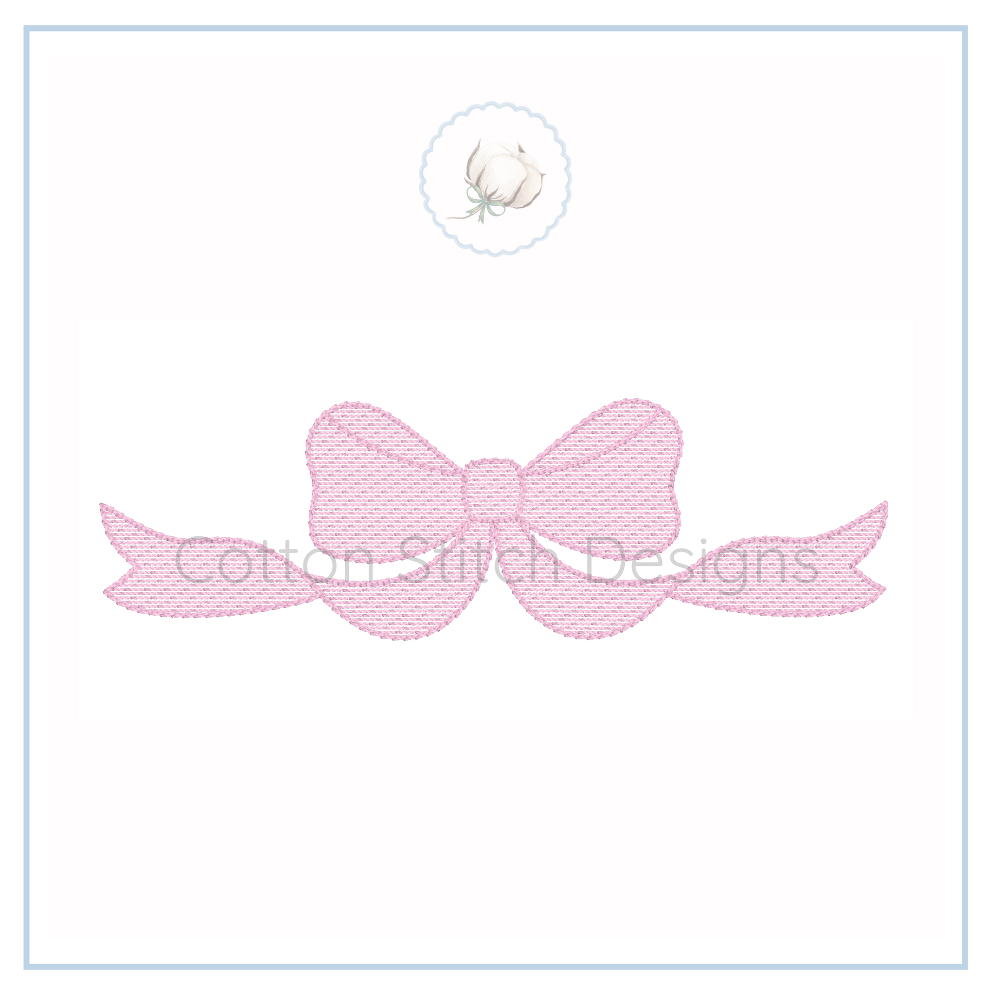 Machine Embroidery design Cotton Stitch Designs Embroidery design of a pink bow on a white background with 'Cotton Stitch Designs' branding.