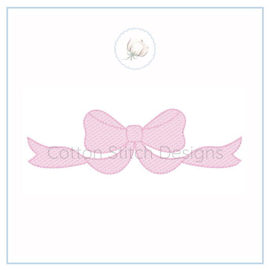 Machine Embroidery design Cotton Stitch Designs Embroidery design of a pink bow on a white background with 'Cotton Stitch Designs' branding.