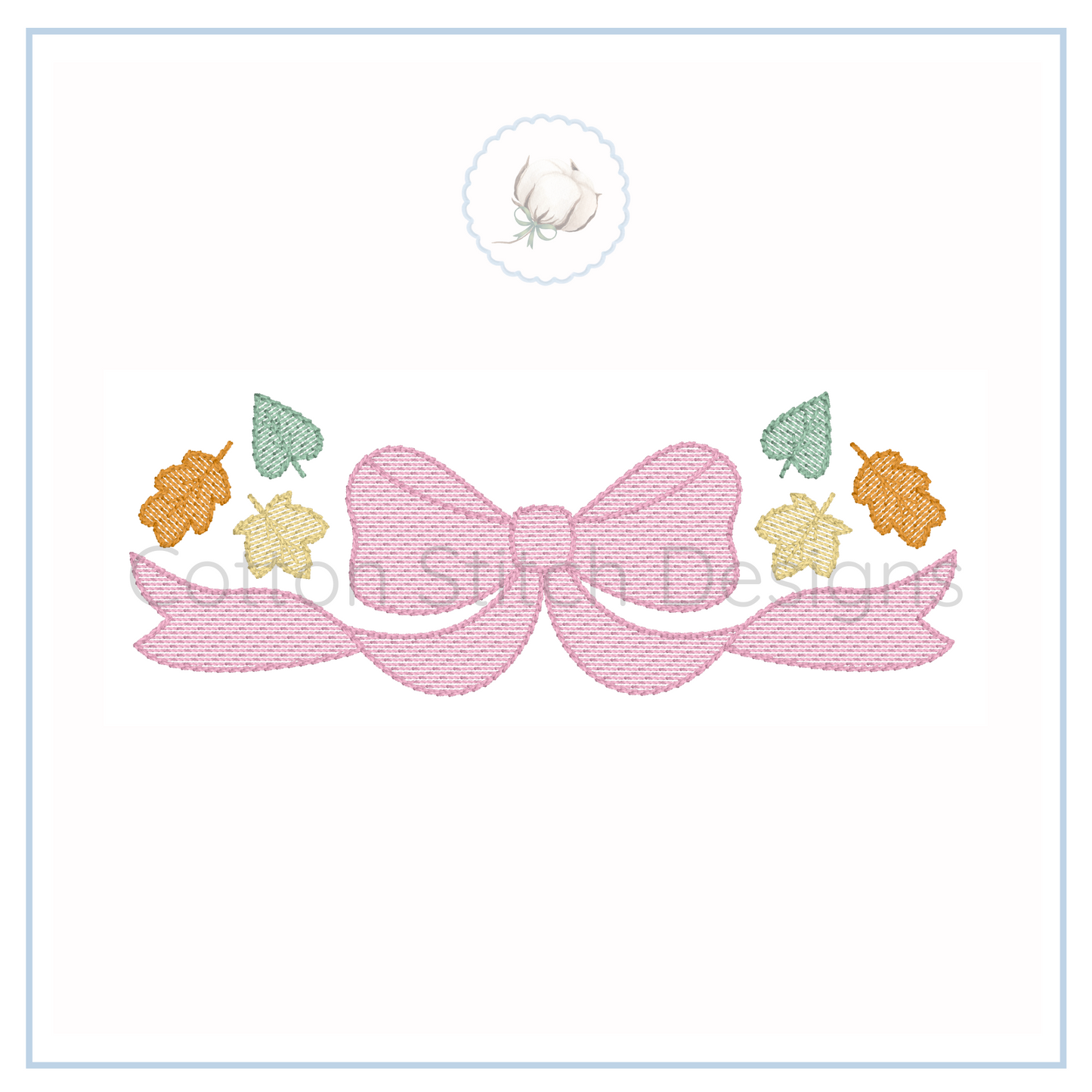 Machine Embroidery design Cotton Stitch Designs Embroidered design of a pink bow with colorful leaves on a white background