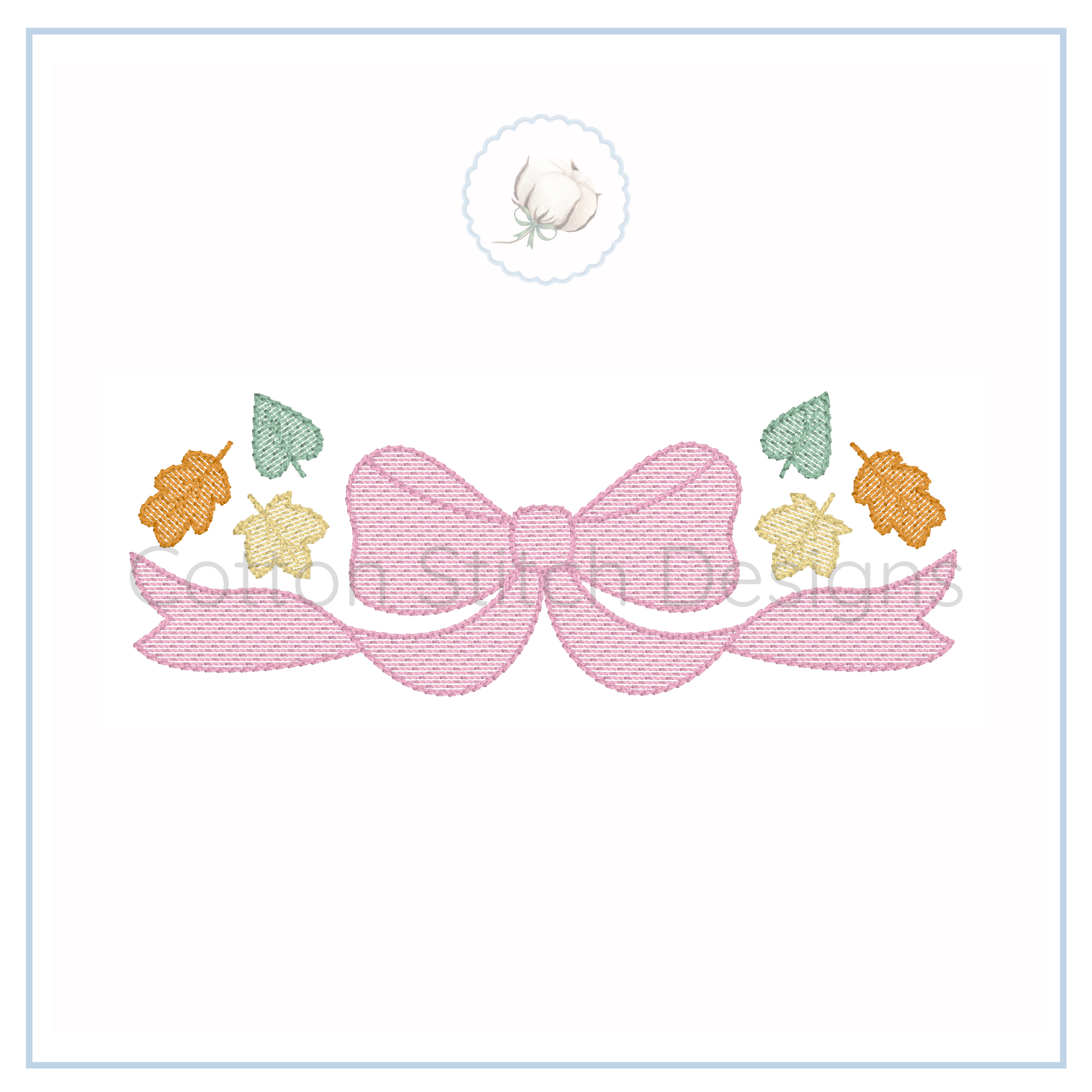 Machine Embroidery design Cotton Stitch Designs Embroidered design of a pink bow with colorful leaves on a white background