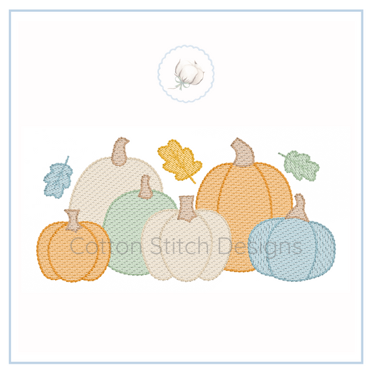 Machine Embroidery design Cotton Stitch Designs Cross-stitched pumpkins in pastel colors on a white background