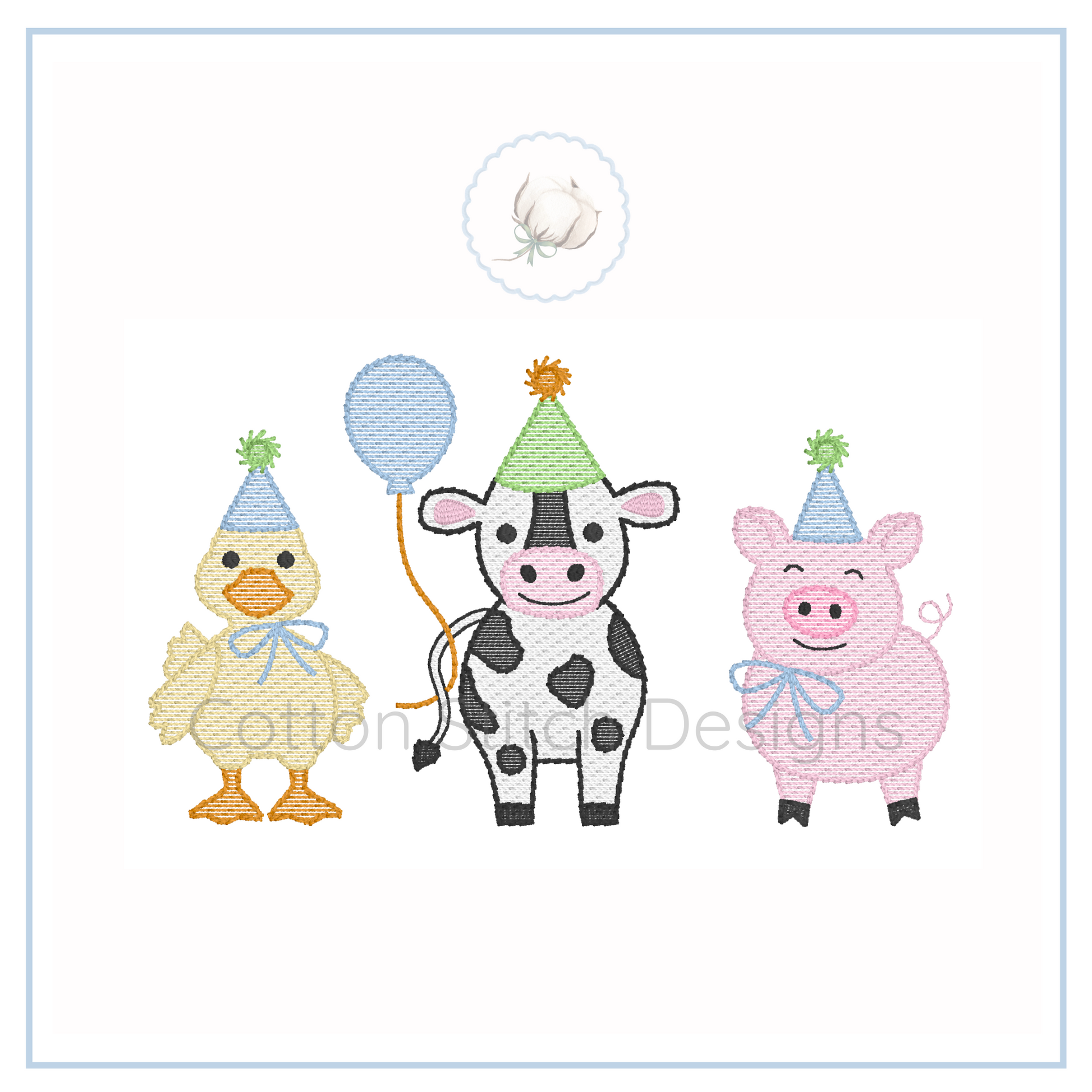 Machine Embroidery design Cotton Stitch Designs duck, cow, pig with party hats and balloons.