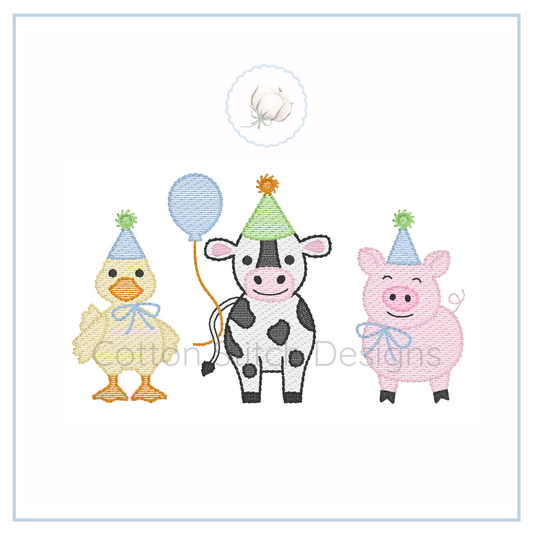 Machine Embroidery design Cotton Stitch Designs duck, cow, pig with party hats and balloons.
