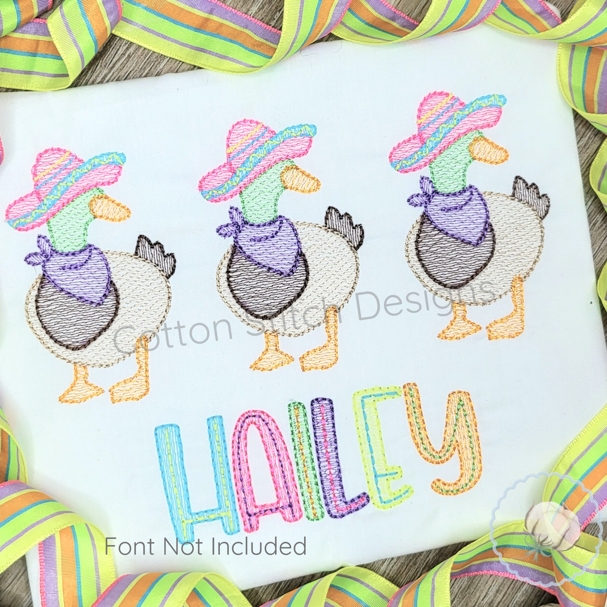 Embroidered design of three ducks with colorful hats and bandanas on a white background, with the name 'HAILEY' embroidered below.