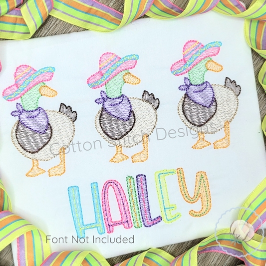 Embroidered design of three ducks with colorful hats and bandanas on a white background, with the name 'HAILEY' embroidered below.